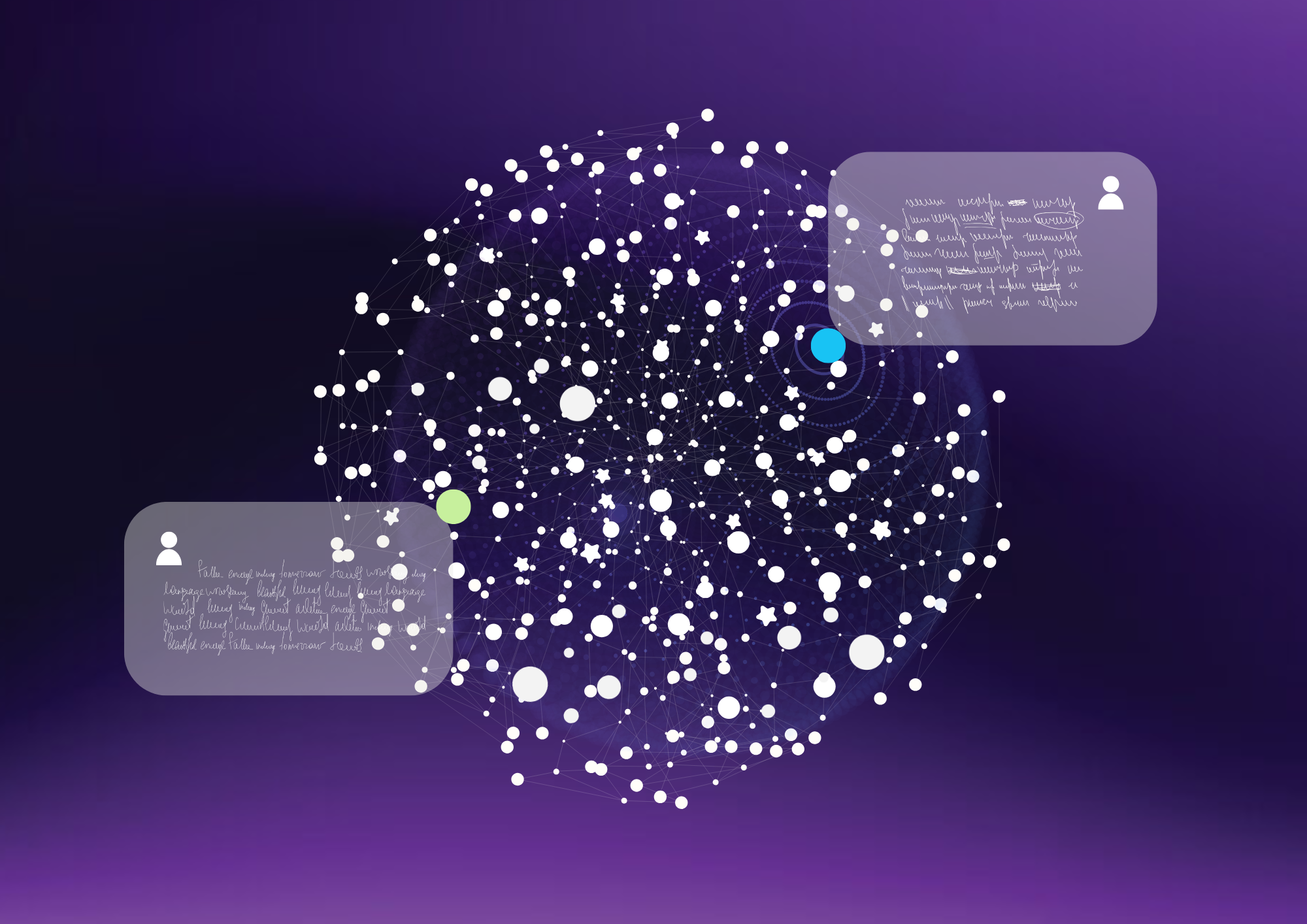 Network sphere of connected data points with two persona chat bubbles, representing a synthetic audience built from real consumer signal